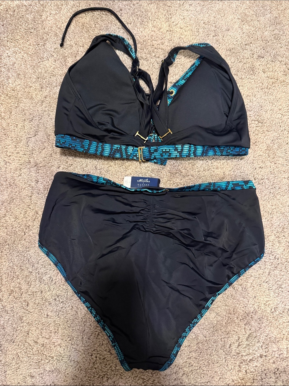 Swimsuits For All Black and Teal Lace-Up Bikini Set - Picture 3 of 3